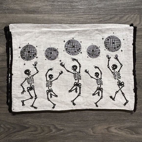 Halloween Tahari Home Skeleton & Disco Ball Placemats Set 4 Spooky Season Fringe - Picture 1 of 8
